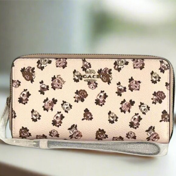 Coach Long Zip Phone Wallet Rosette Floral Wristlet Pink Canvas CZ329 Strap - Picture 1 of 9